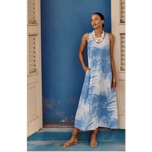 J Jill Love Linen A Line Blue White Beach Tie Dye Maxi w/ Pockets Women Dress